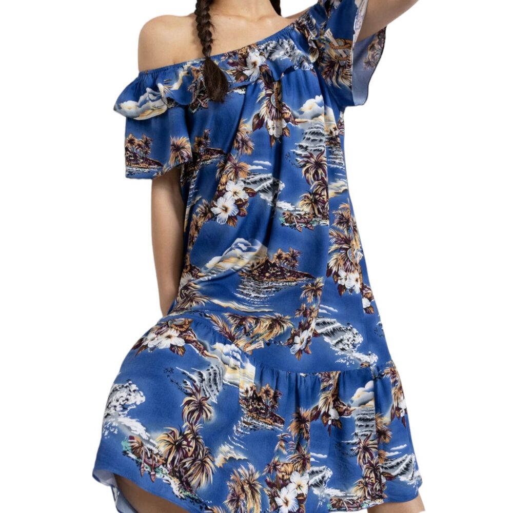 Vintage HILO HATTIE Dress Sz S Blue Made in USA Hawaii Off Shoulder 100% Rayon